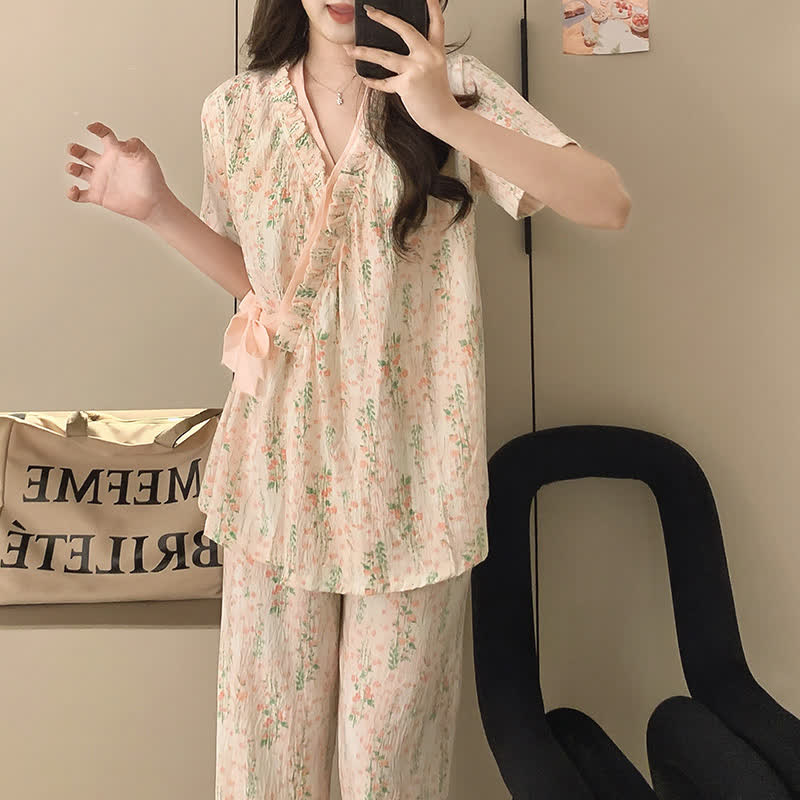 Ownkoti Floral Leaf Ruffle Kimono Sleepwear Set