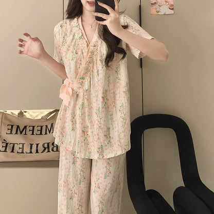 Ownkoti Floral Leaf Ruffle Kimono Sleepwear Set
