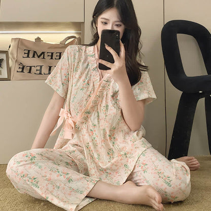 Ownkoti Floral Leaf Ruffle Kimono Sleepwear Set