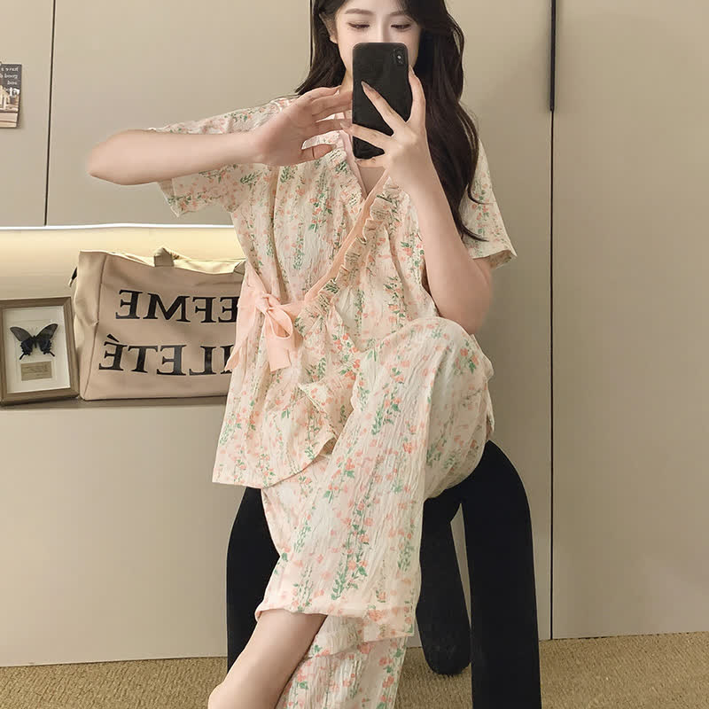 Ownkoti Floral Leaf Ruffle Kimono Sleepwear Set