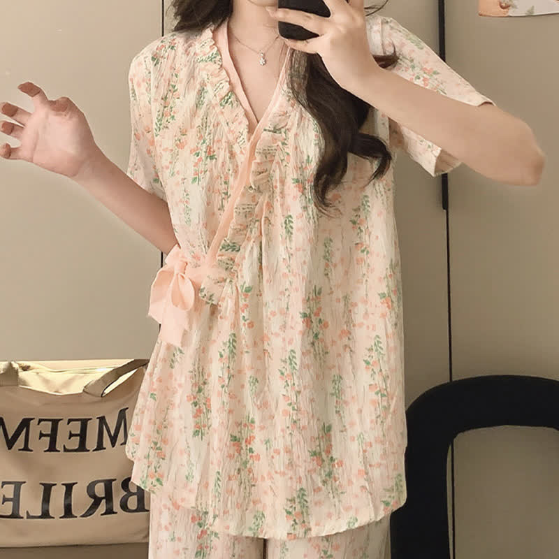 Ownkoti Floral Leaf Ruffle Kimono Sleepwear Set