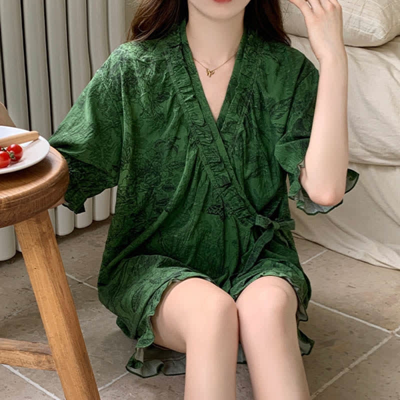Ownkoti Stylish Botanical Ruffle Sleeve Pajama Set