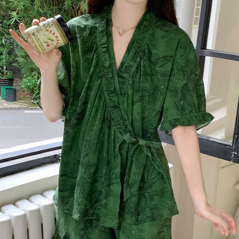 Ownkoti Stylish Botanical Ruffle Sleeve Pajama Set