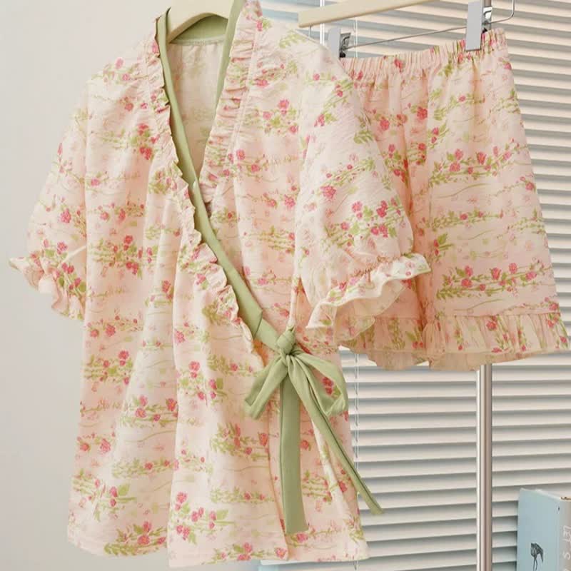Ownkoti Pink Floral Ruffle Sleeve Pajama Set