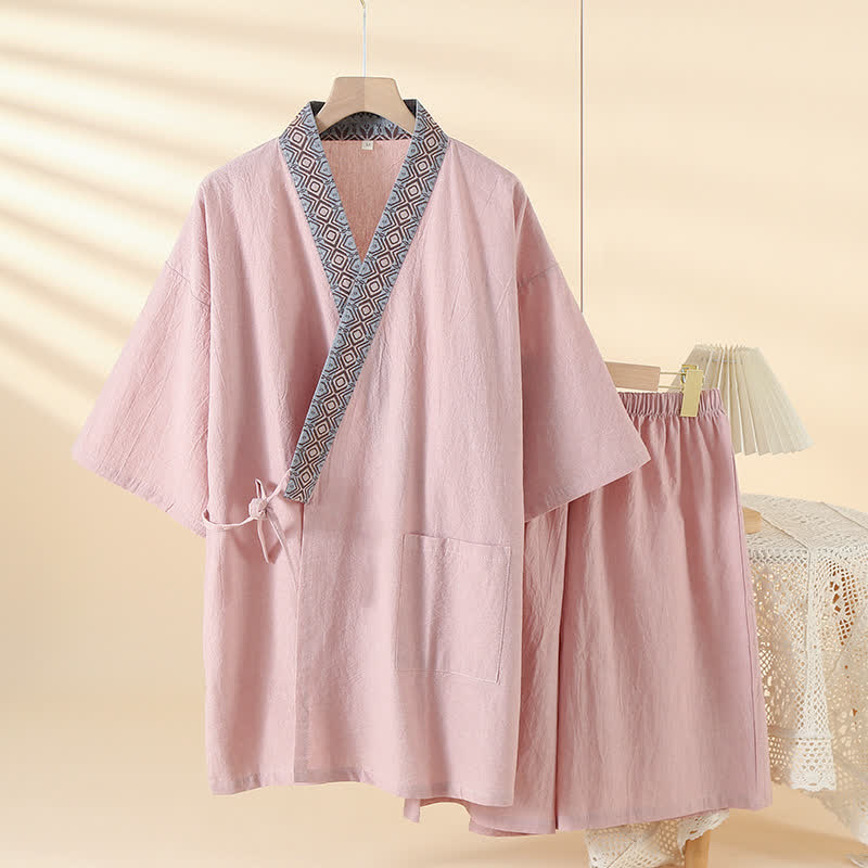 Ownkoti Solid Kimono Pajama with Geometric Collar