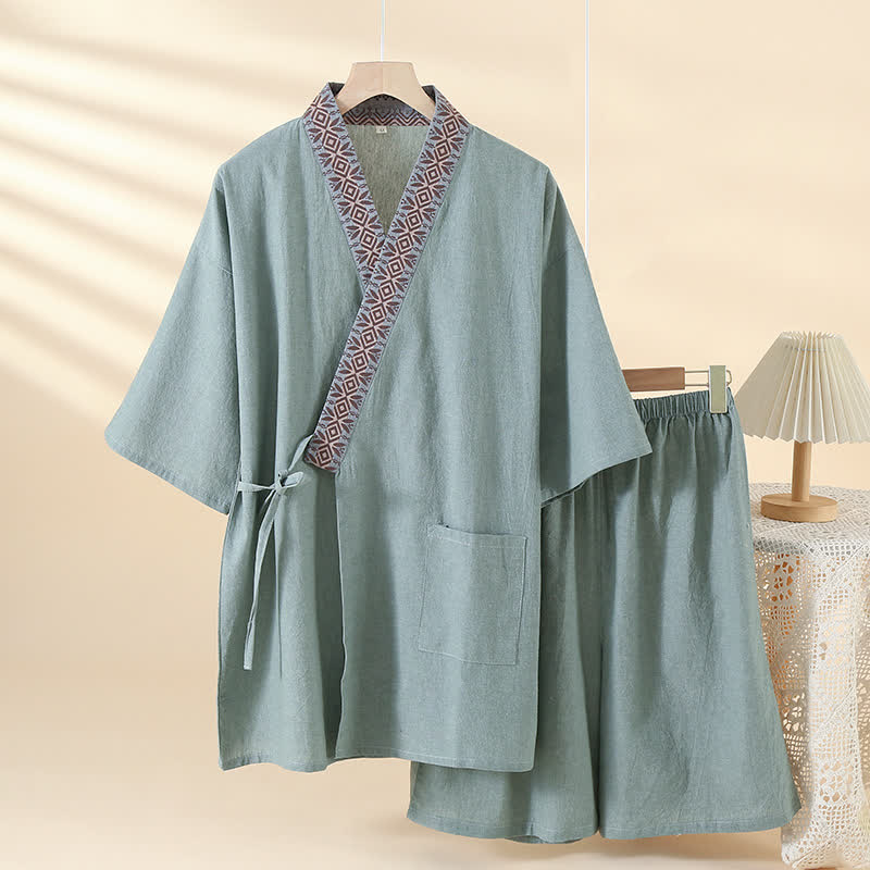 Ownkoti Solid Kimono Pajama with Geometric Collar