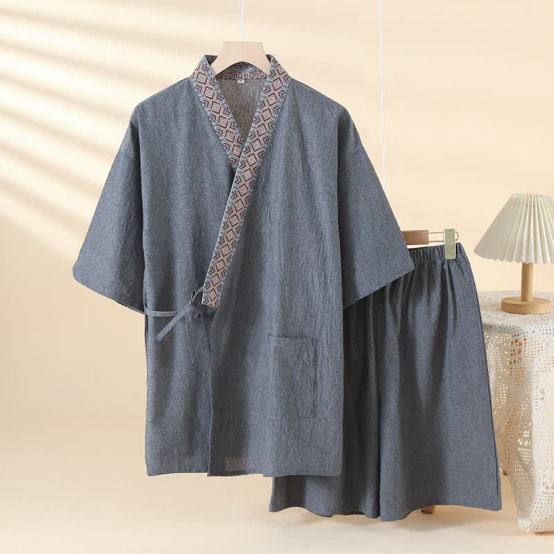 Ownkoti Solid Kimono Pajama with Geometric Collar