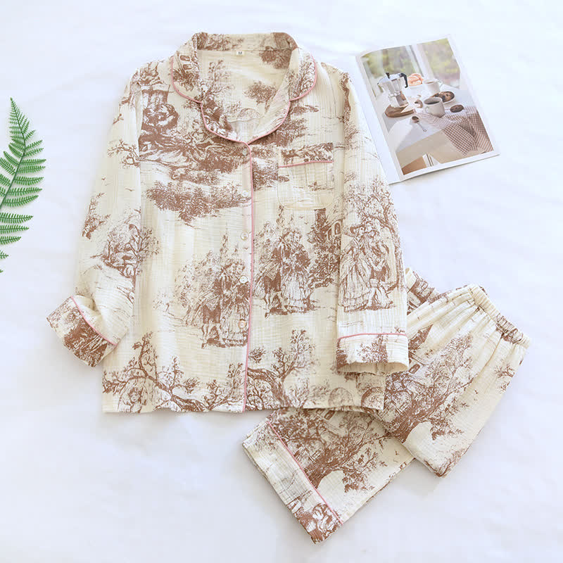 Ownkoti Ink-wash Toile Print Cotton Gauze Loungewear - Brown - XL - image 2