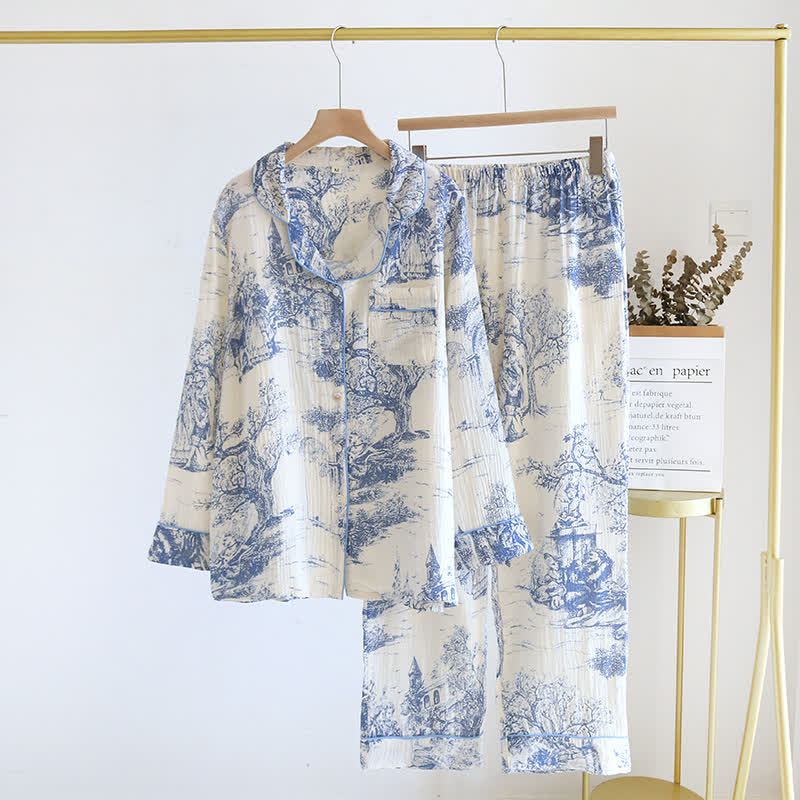 Ownkoti Ink-wash Toile Print Cotton Gauze Loungewear