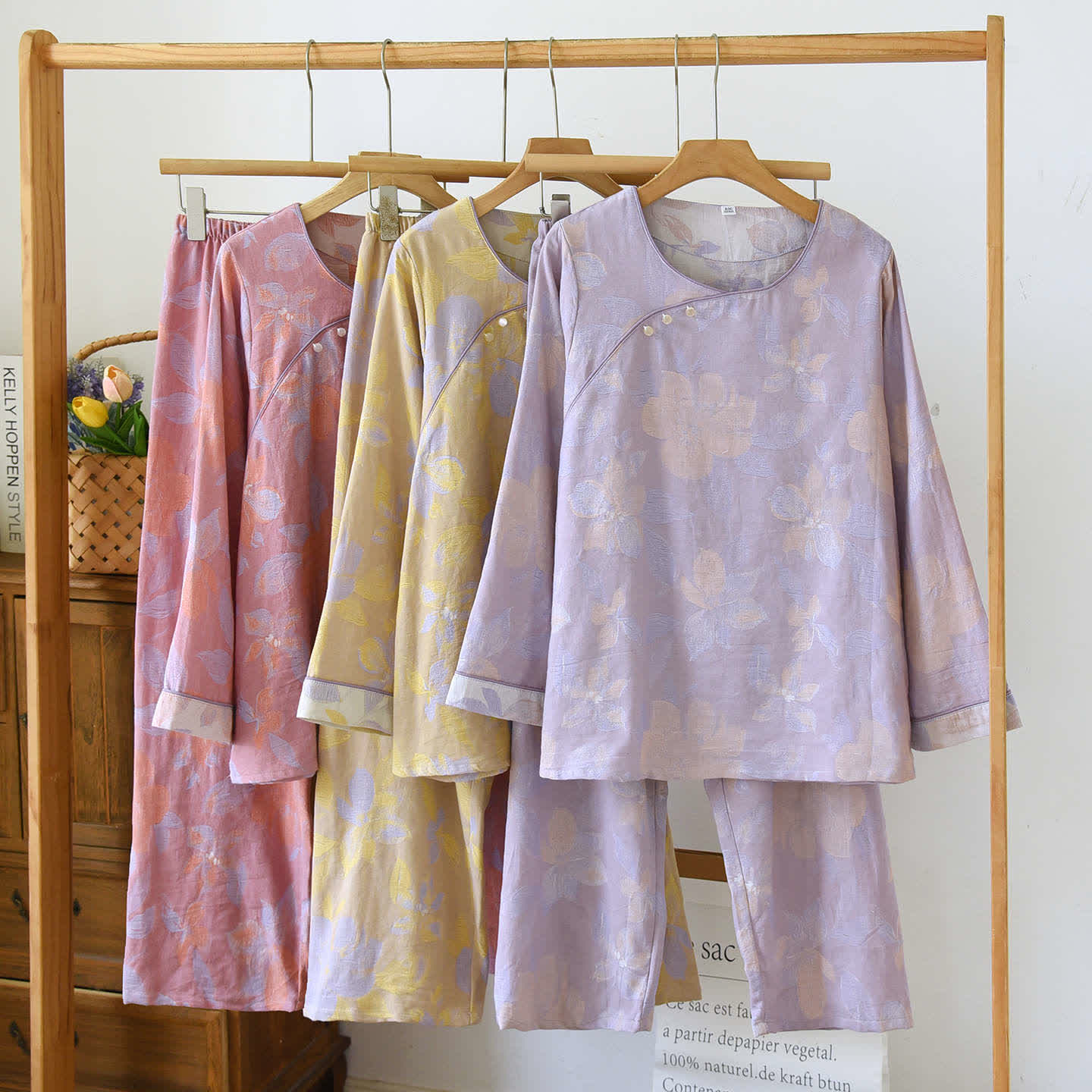 Ownkoti Oriental Hostas Jacquard Cotton Sleepwear Set