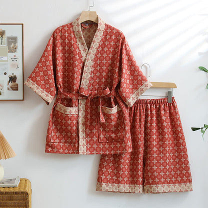 Ownkoti Unisex Red Geometric Cotton Kimono Loungewear