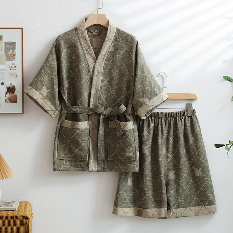 Ownkoti Unisex Green Grid Cotton Kimono Loungewear