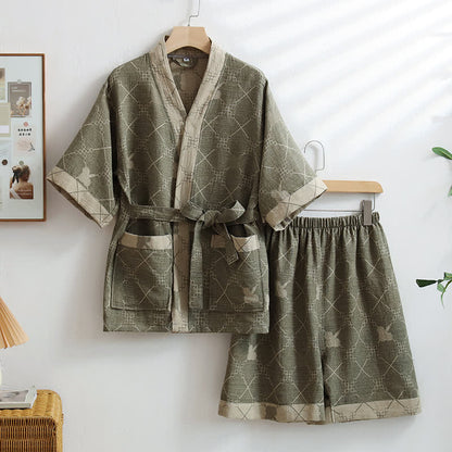 Ownkoti Unisex Green Grid Cotton Kimono Loungewear