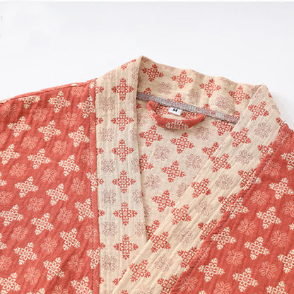 Ownkoti Unisex Red Geometric Cotton Kimono Loungewear