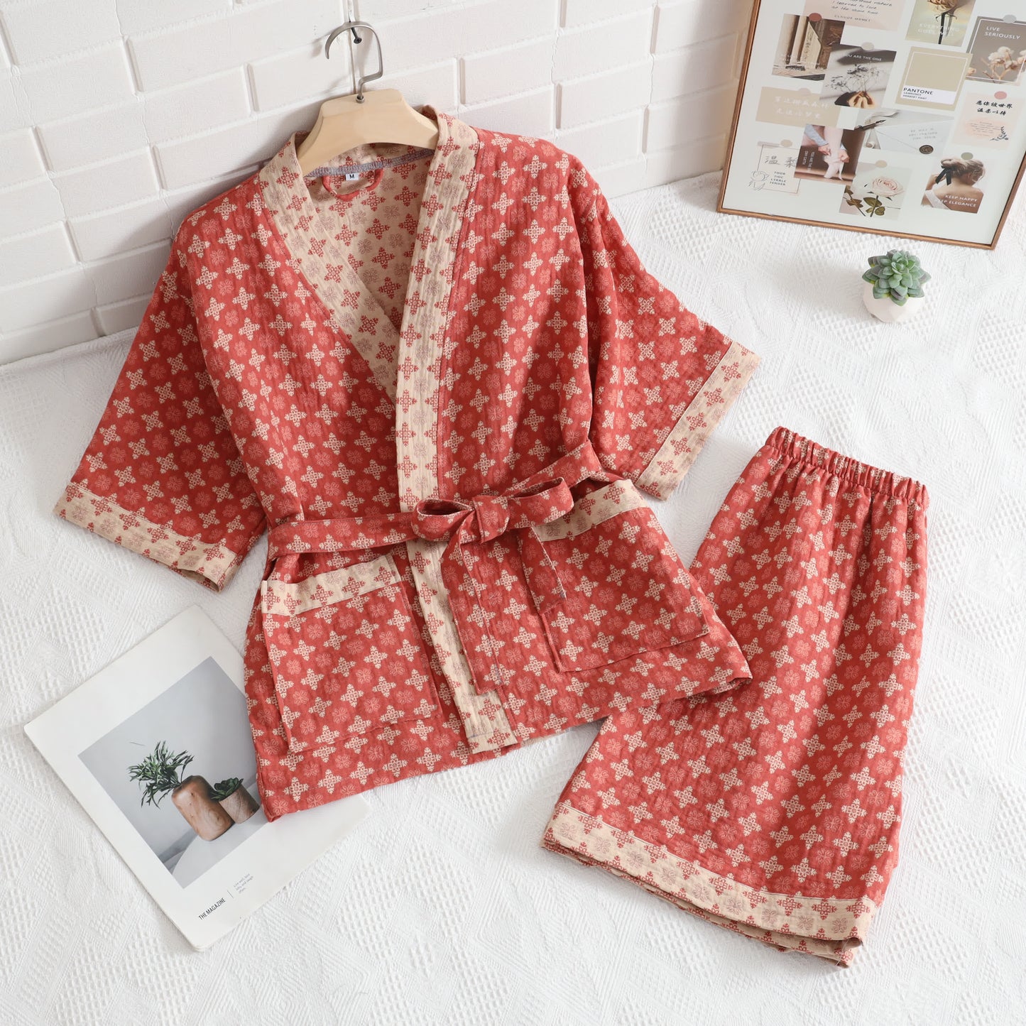 Ownkoti Unisex Red Geometric Cotton Kimono Loungewear