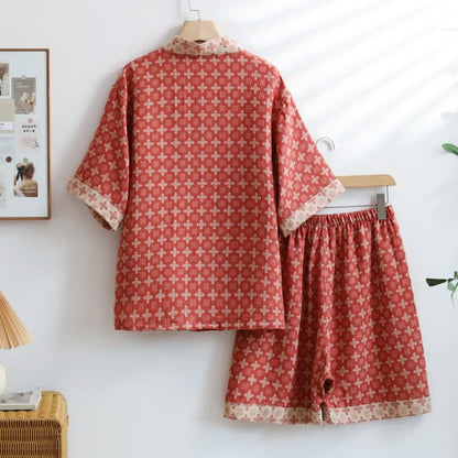 Ownkoti Unisex Red Geometric Cotton Kimono Loungewear