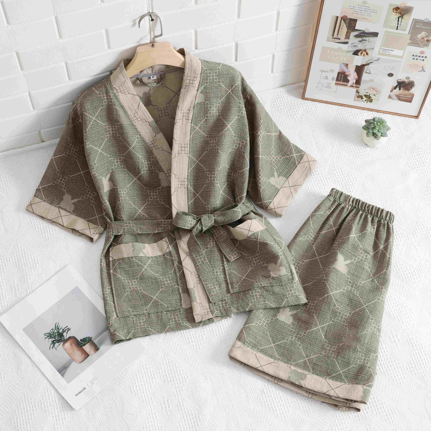 Ownkoti Unisex Green Grid Cotton Kimono Loungewear