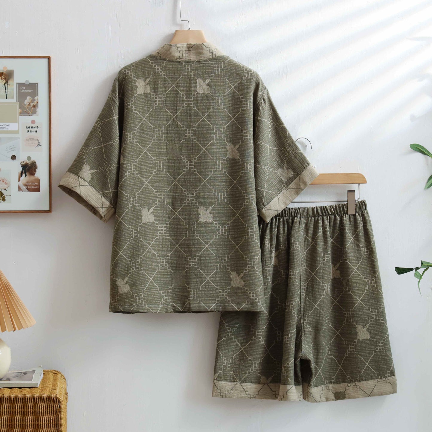 Ownkoti Unisex Green Grid Cotton Kimono Loungewear