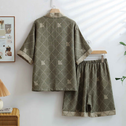 Ownkoti Unisex Green Grid Cotton Kimono Loungewear
