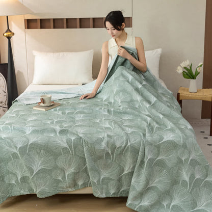 Ownkoti Artistic Green Ginkgo Cotton Gauze Quilt