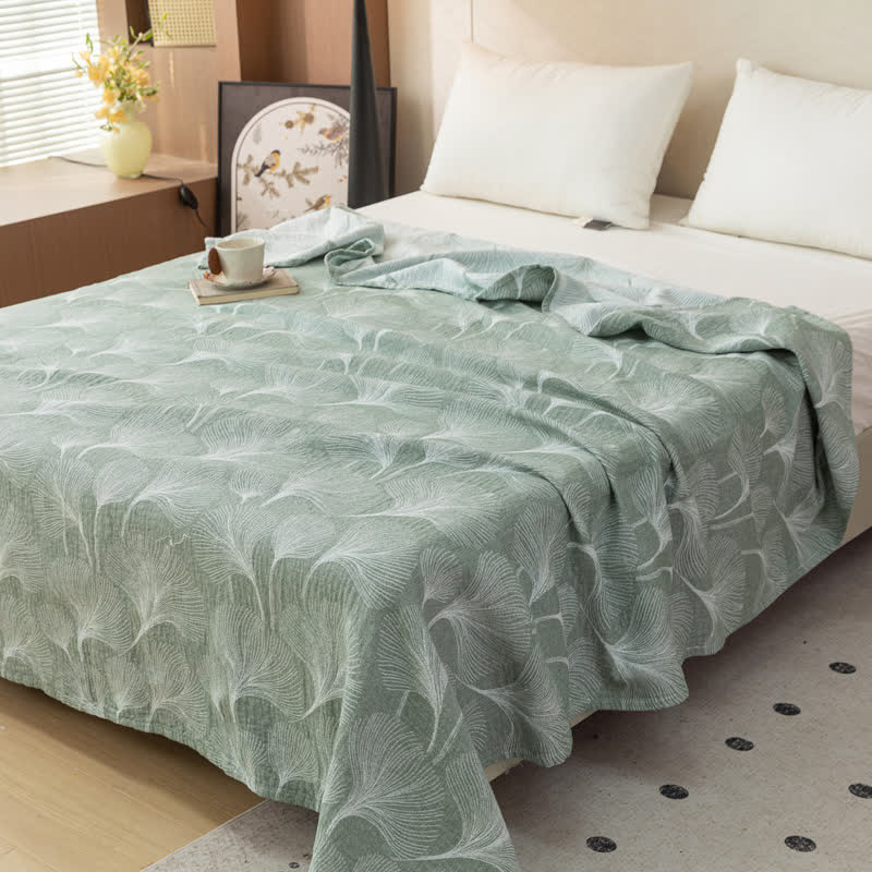 Ownkoti Artistic Green Ginkgo Cotton Gauze Quilt