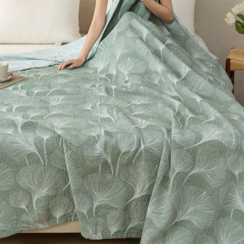 Ownkoti Artistic Green Ginkgo Cotton Gauze Quilt