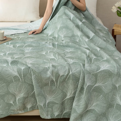 Ownkoti Artistic Green Ginkgo Cotton Gauze Quilt