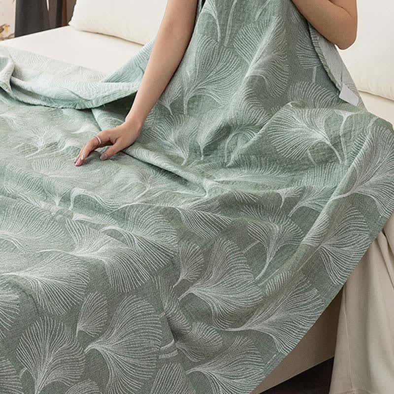 Ownkoti Artistic Green Ginkgo Cotton Gauze Quilt