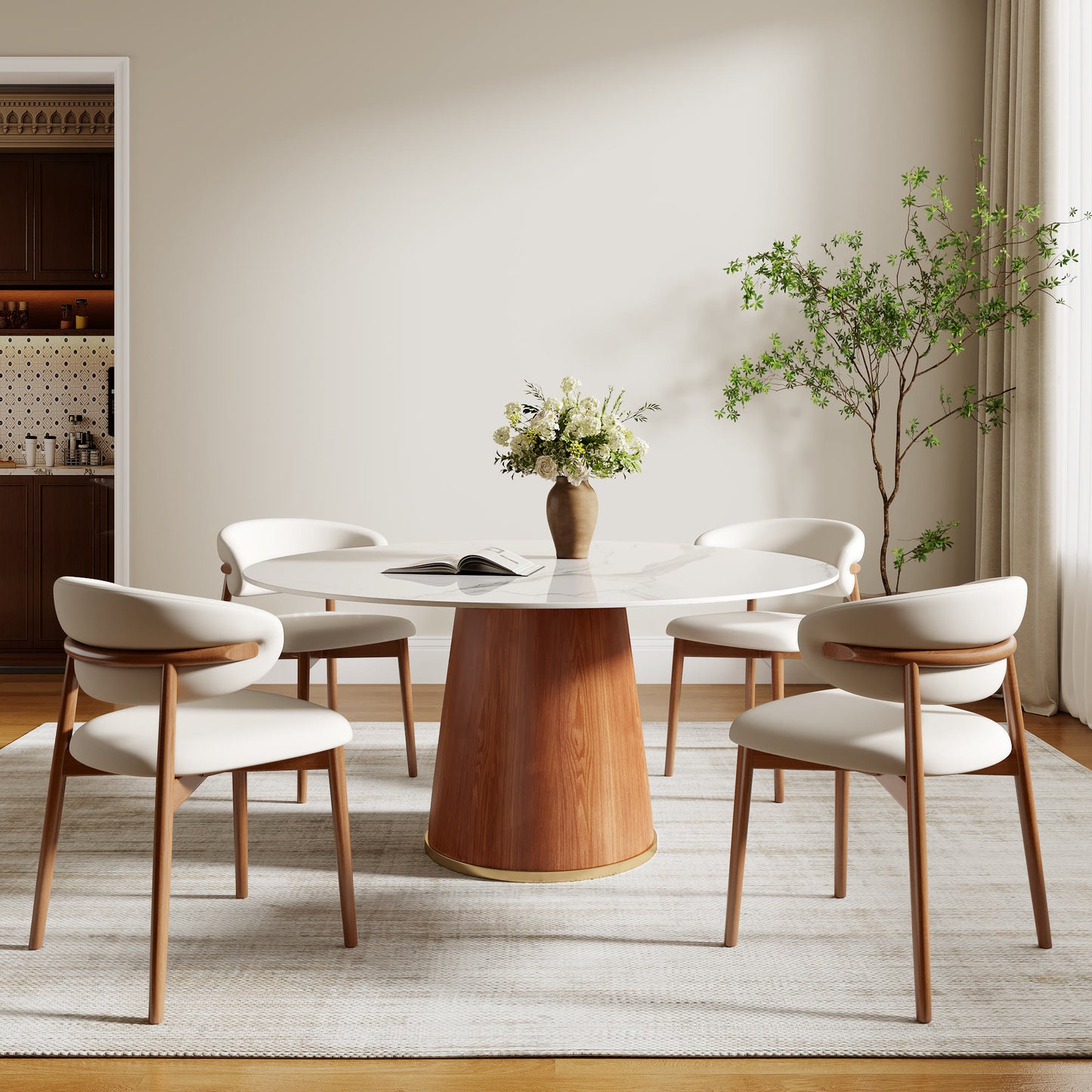 Ownkoti Round Dining Table With Solid Wood Bucket Base For 4-8 People