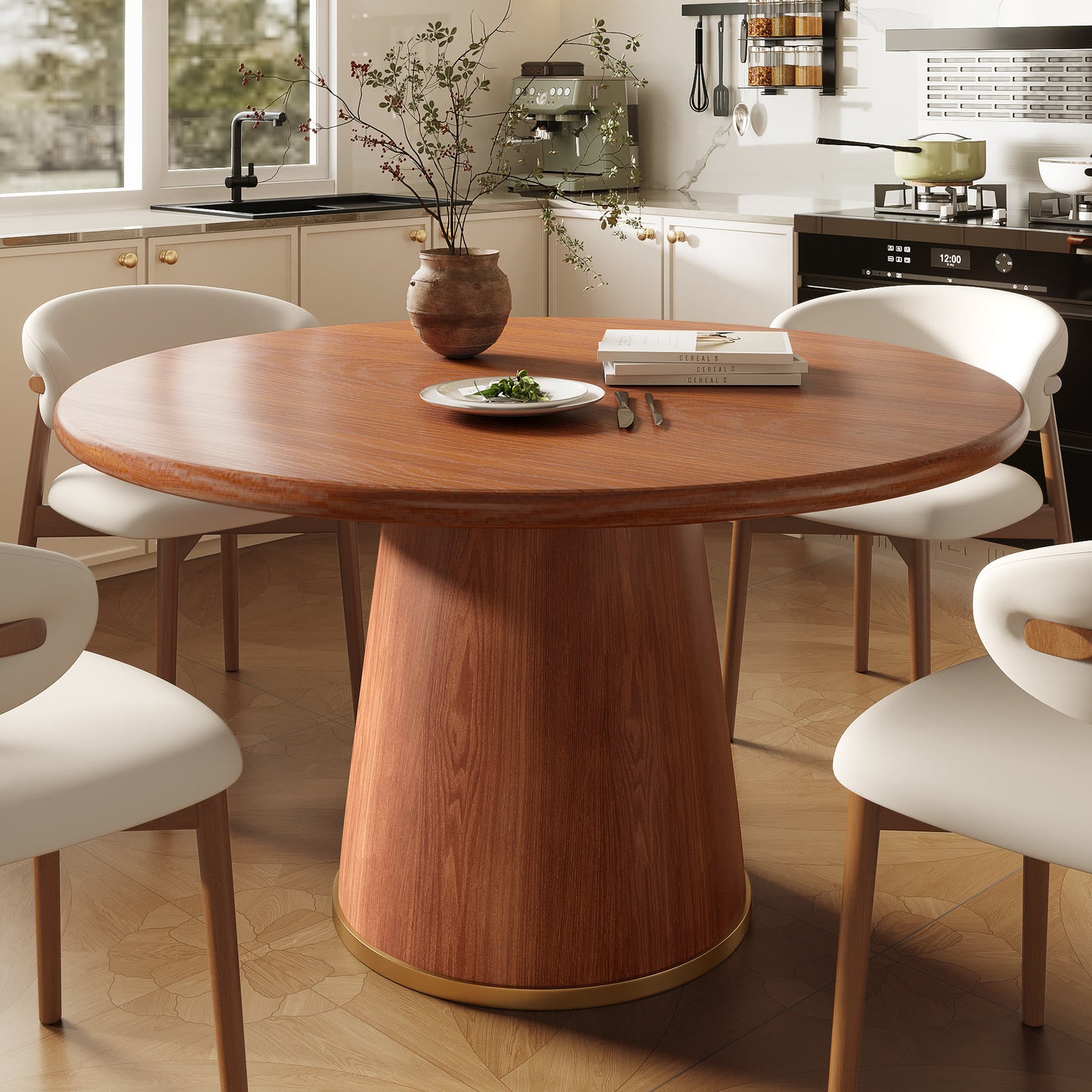 Ownkoti Round Dining Table With Solid Wood Bucket Base For 4-8 People