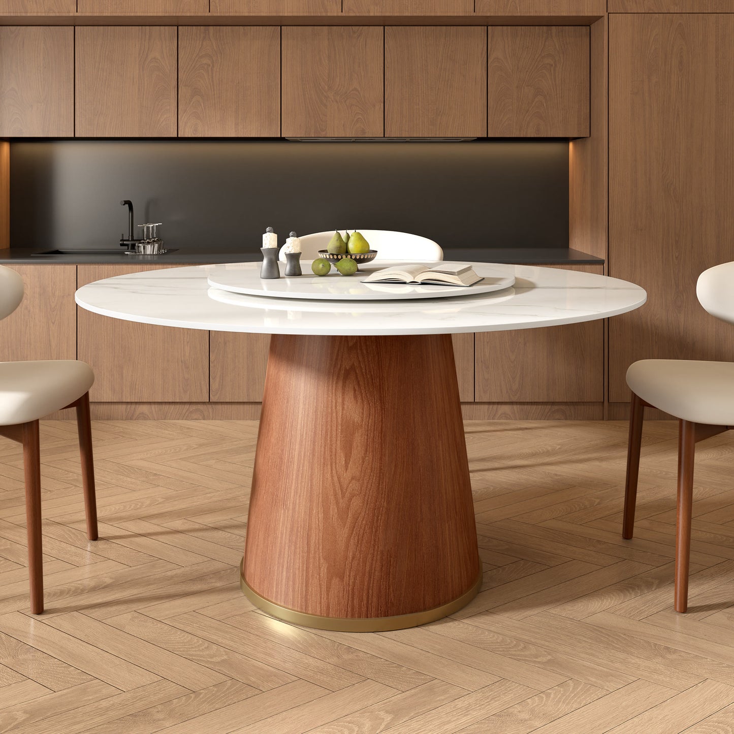 Ownkoti Round Dining Table With Solid Wood Bucket Base For 4-8 People