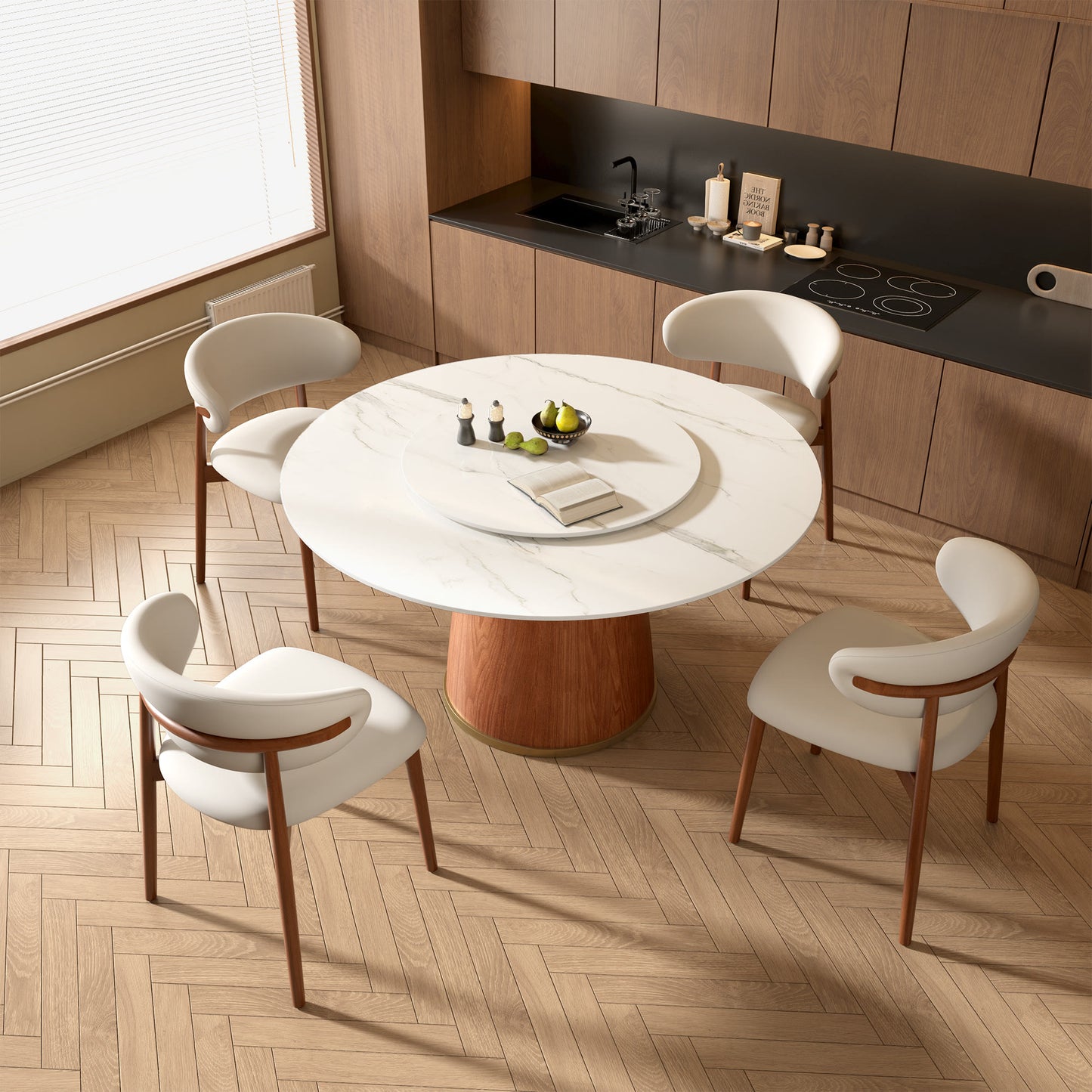 Ownkoti Round Dining Table With Solid Wood Bucket Base For 4-8 People