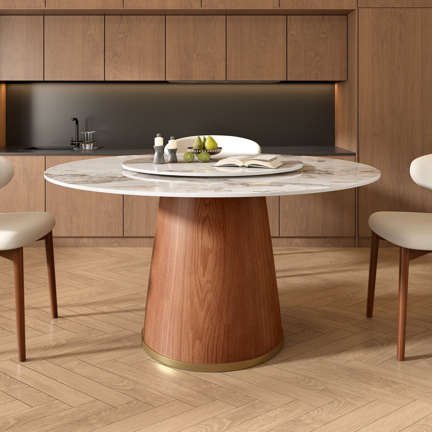 Ownkoti Round Dining Table With Solid Wood Bucket Base For 4-8 People