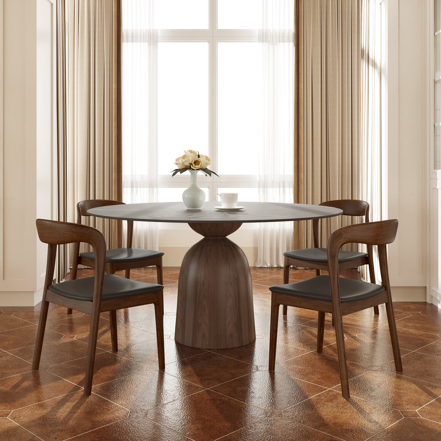 Ownkoti Light Gray Round Dining Table For 4/6/8 Mid Century Modern Dining Tables