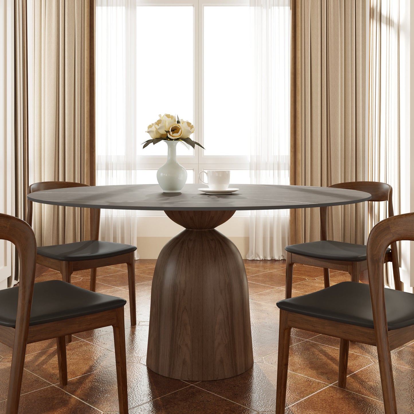 Ownkoti Light Gray Round Dining Table For 4/6/8 Mid Century Modern Dining Tables