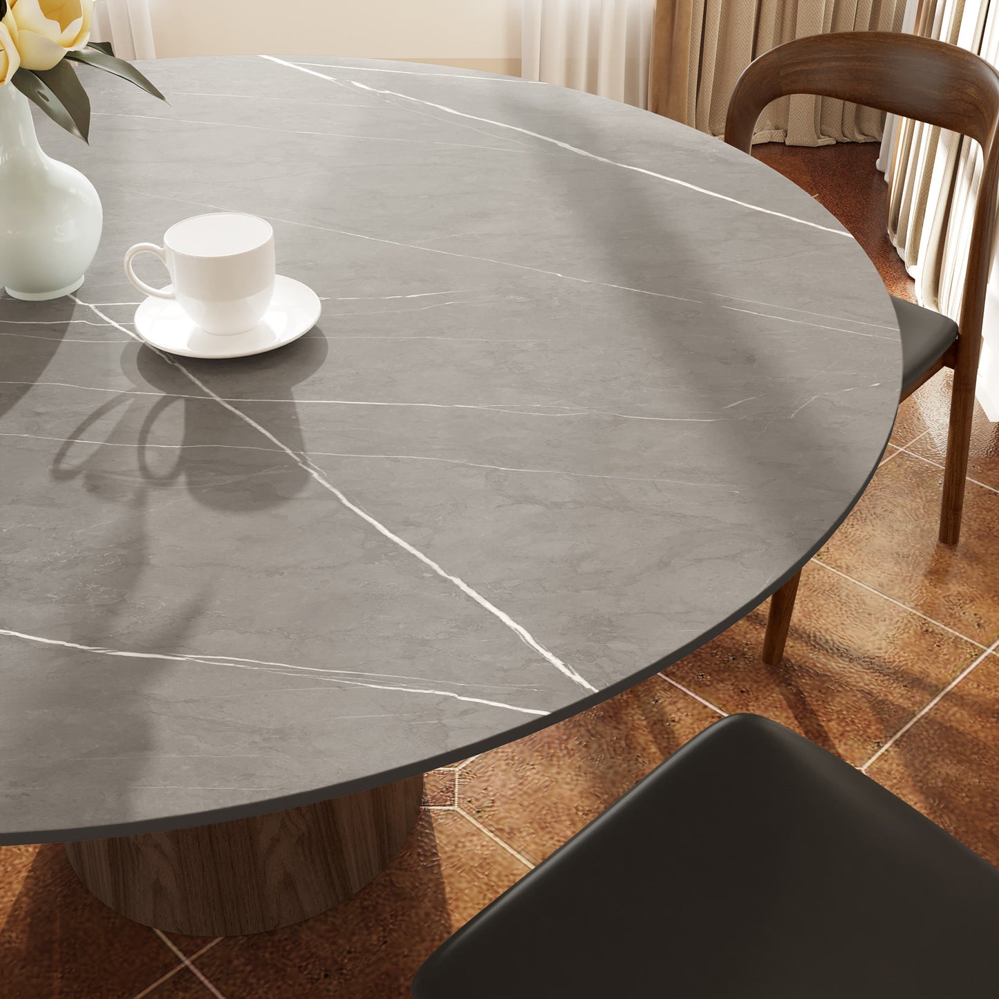 Ownkoti Light Gray Round Dining Table For 4/6/8 Mid Century Modern Dining Tables