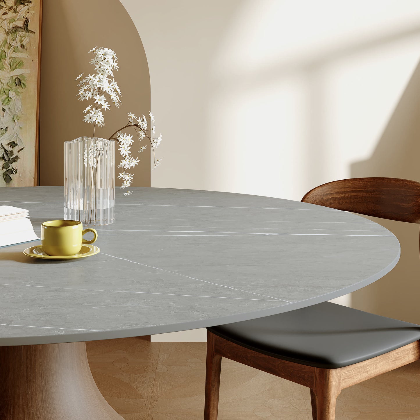 Ownkoti Luxury Gray Mid-Century Space-Saving Round Kitchen Table For 4/6/8