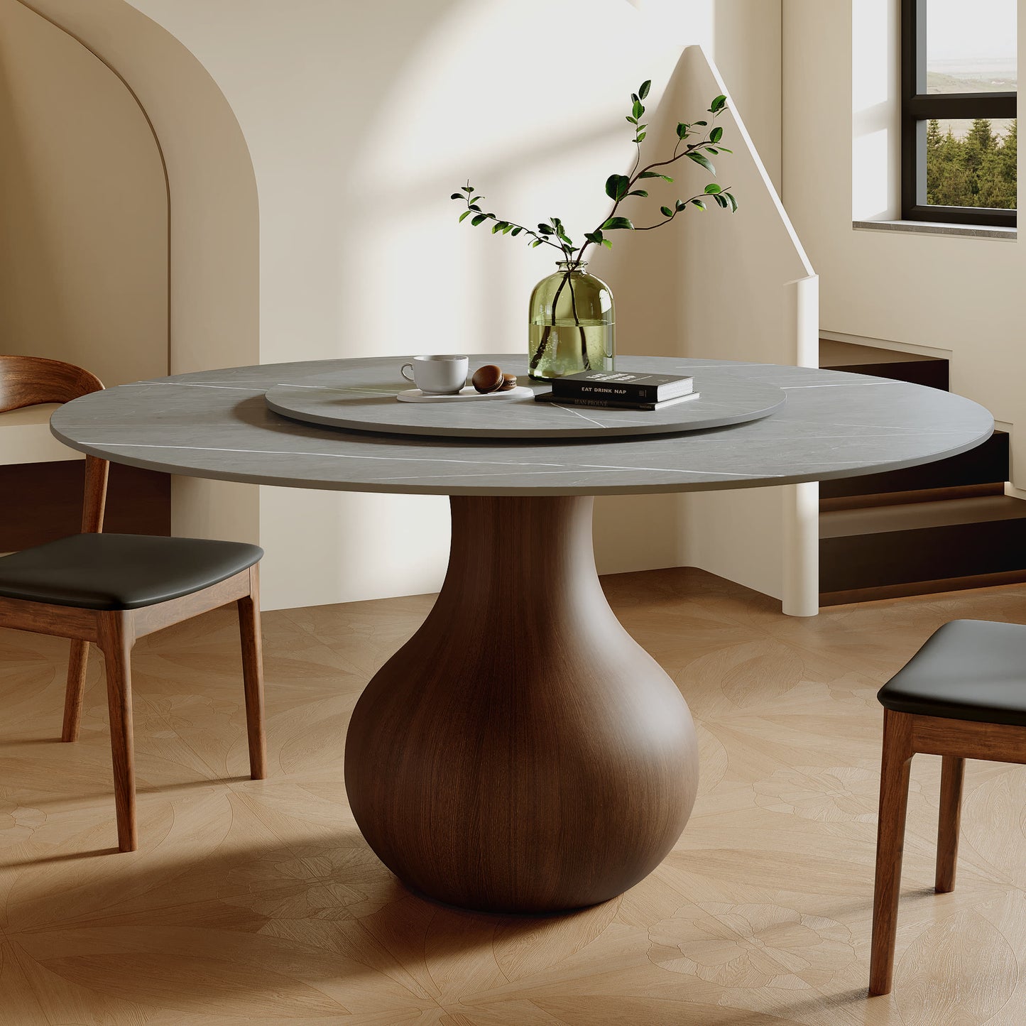 Ownkoti Luxury Gray Mid-Century Space-Saving Round Kitchen Table For 4/6/8 - Light Gray - 59" Table With Lazy Susan - image 12