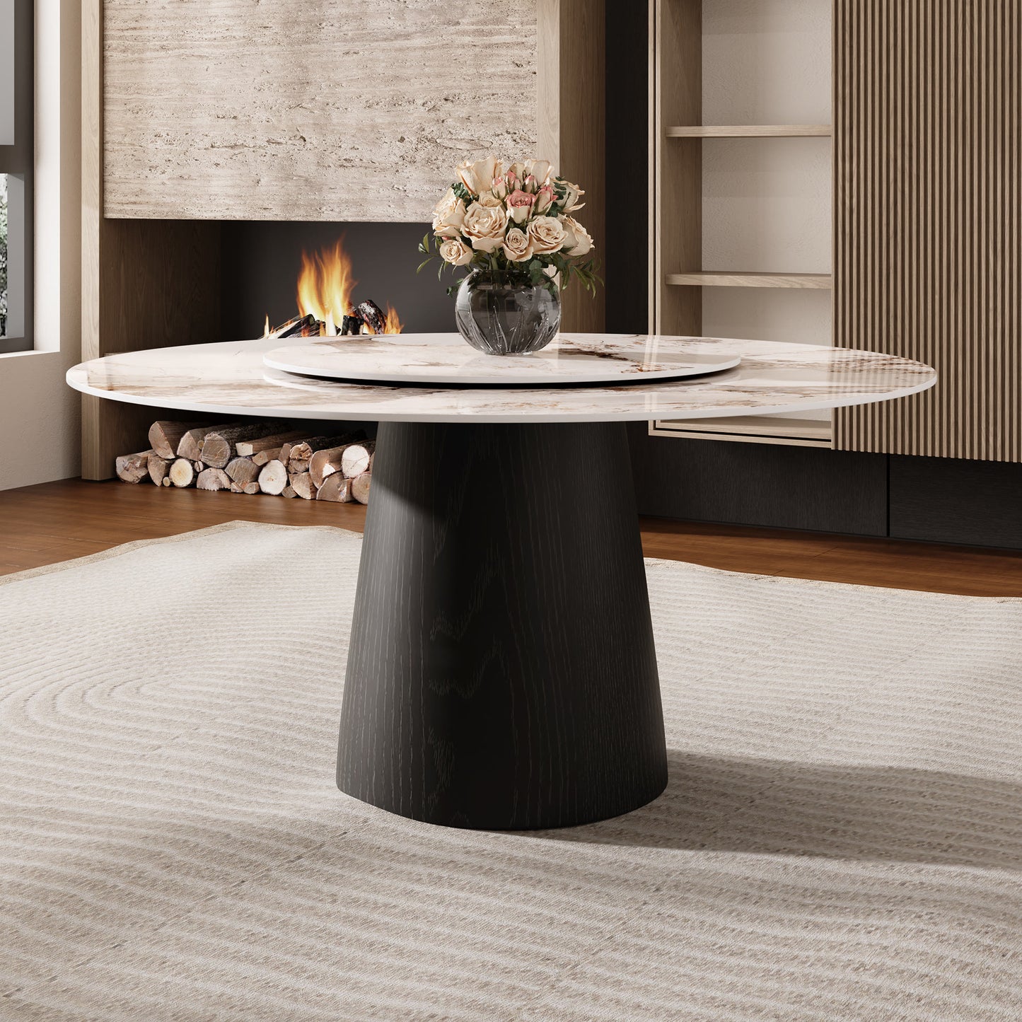 Ownkoti Modern Round Black Dining Table  For Dining Room Kitchen For 4/6/8 Person