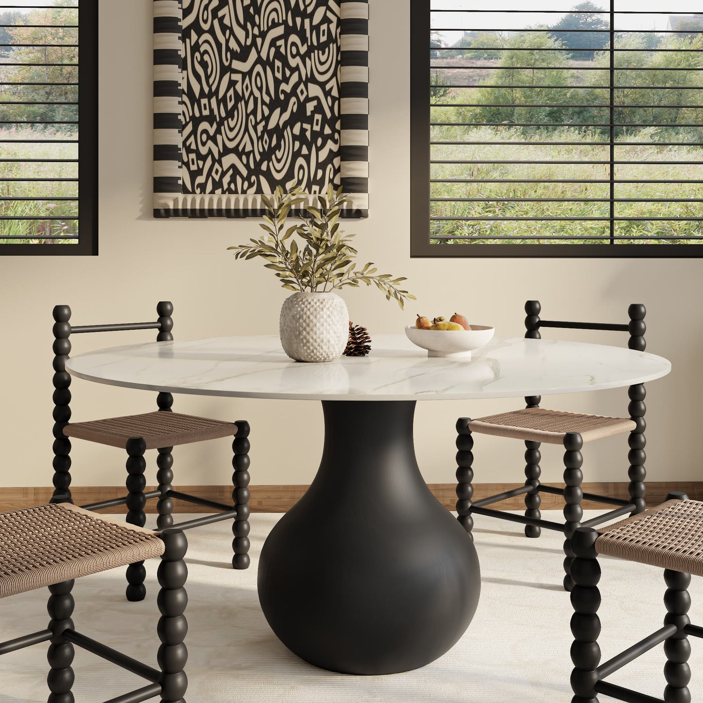 Ownkoti Black Modern Round Dining Table WIth Vase-shaped Pedestal Base For 4/6/8 Person