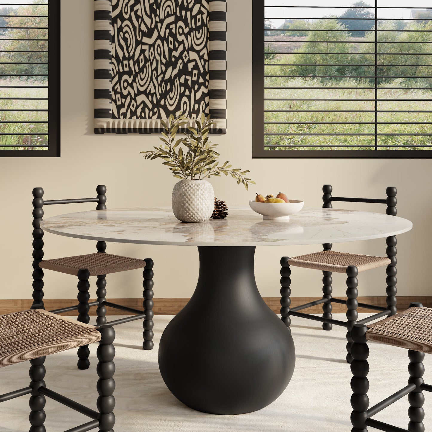 Ownkoti Black Modern Round Dining Table WIth Vase-shaped Pedestal Base For 4/6/8 Person