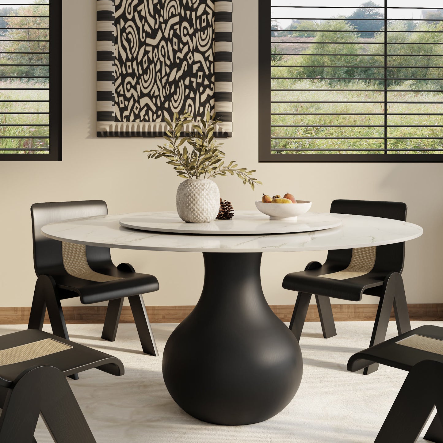 Ownkoti Black Modern Round Dining Table WIth Vase-shaped Pedestal Base For 4/6/8 Person
