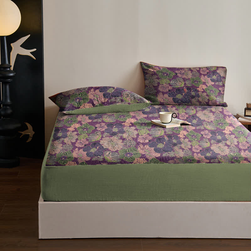 Ownkoti Peach Blossom Cotton Jacquard Fitted Sheet - Sheet with 2PCS Pillowcases - Queen - image 0
