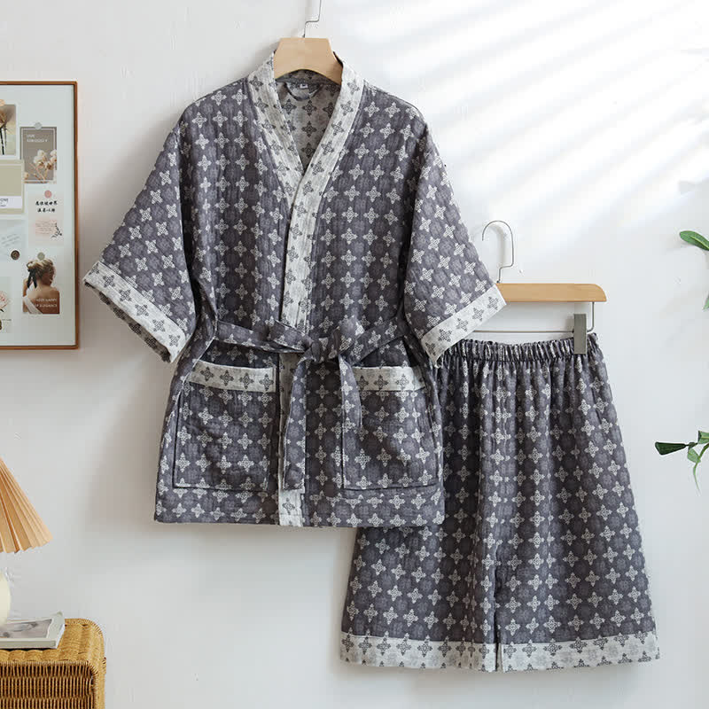 Ownkoti Unisex Red Geometric Cotton Kimono Loungewear