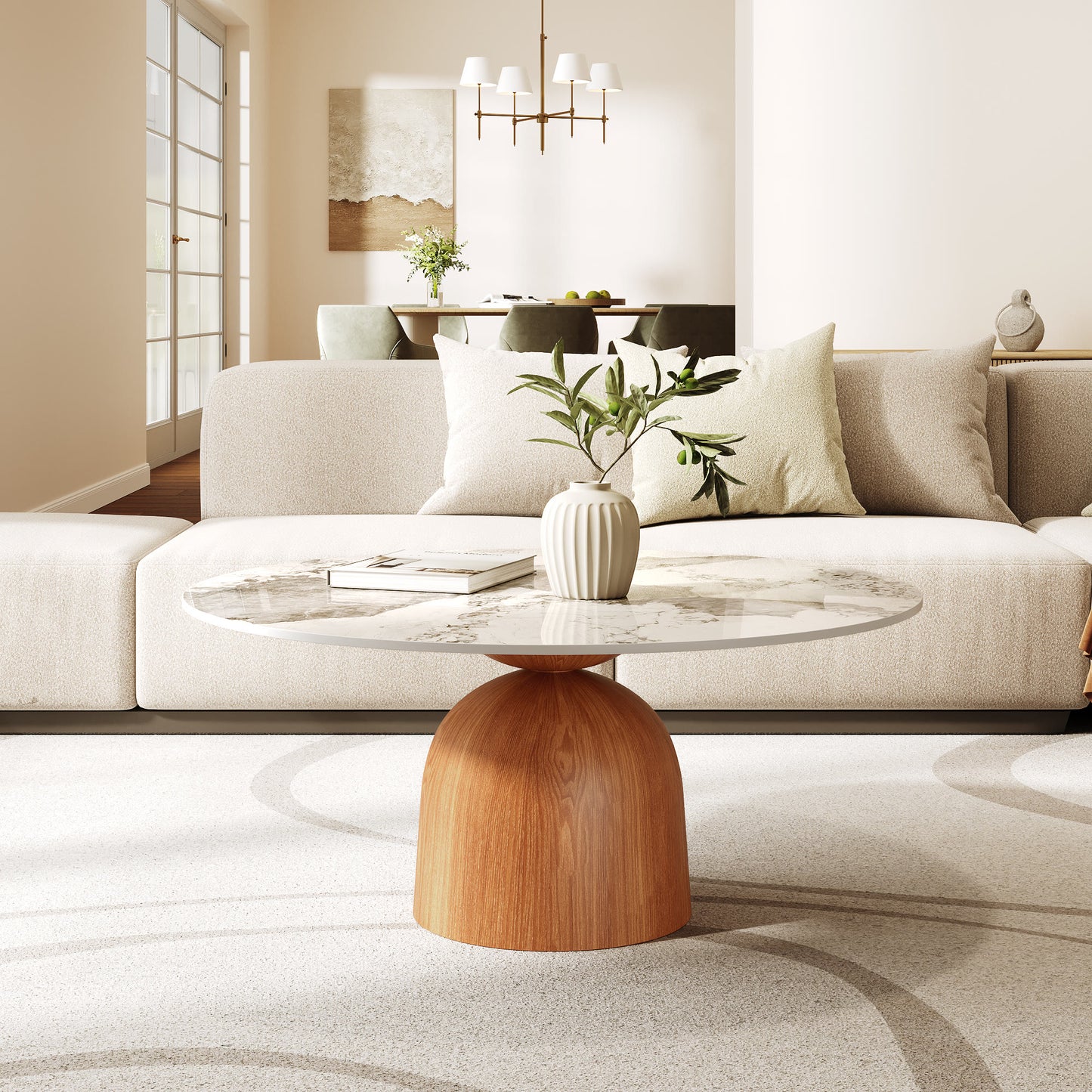 Ownkoti Farmhouse Round Coffee Table Solid Wood Side Table Living Room