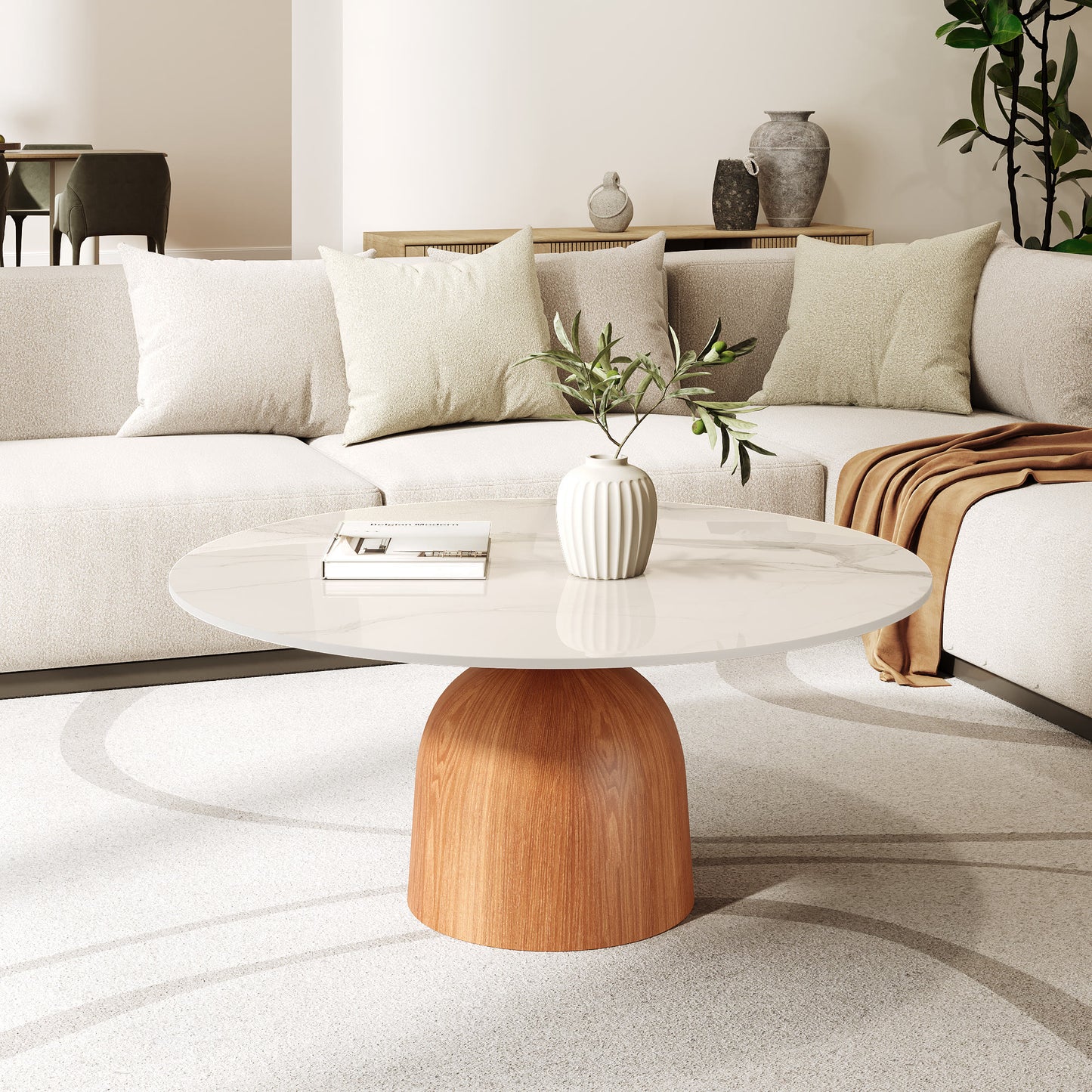 Ownkoti Farmhouse Round Coffee Table Solid Wood Side Table Living Room