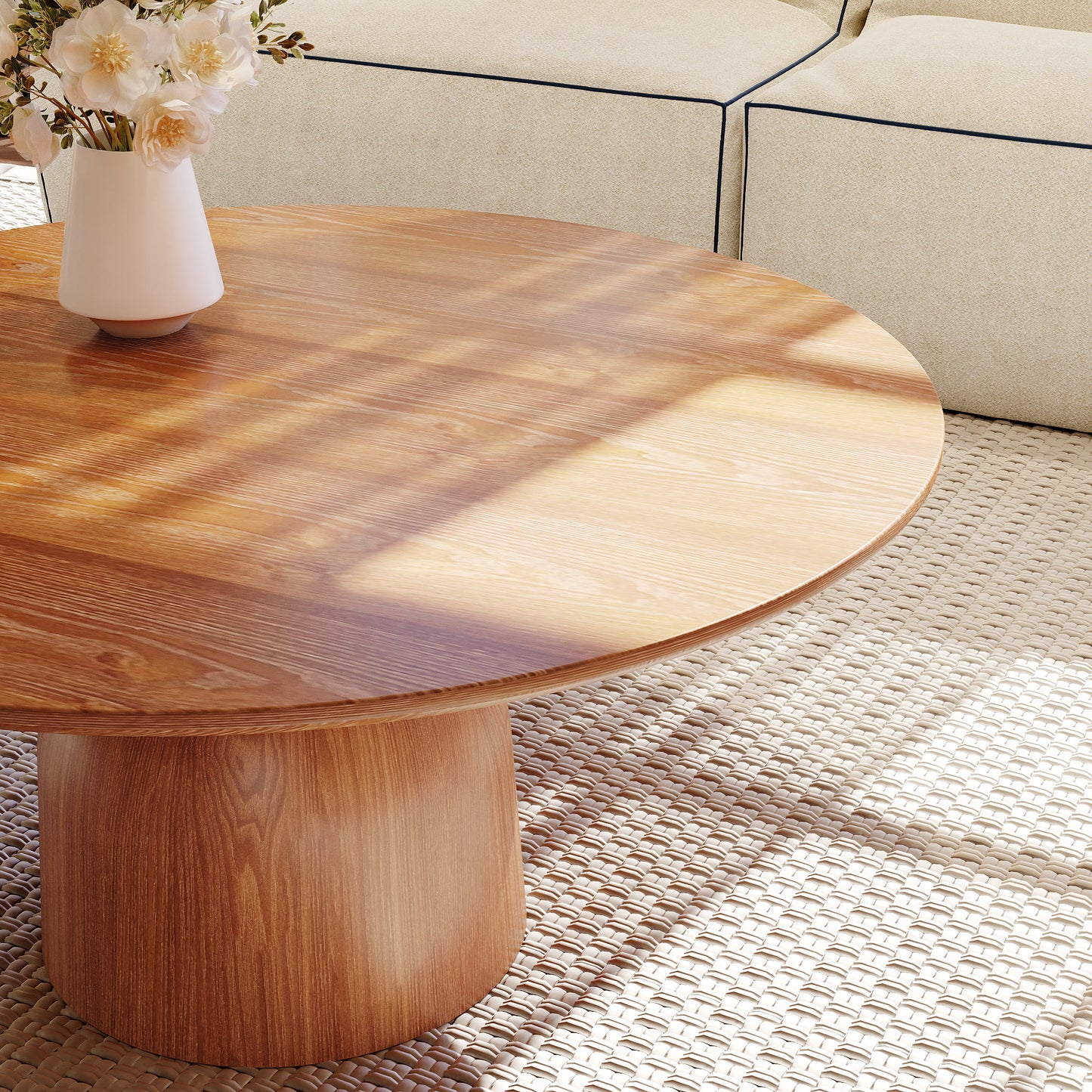 Ownkoti Farmhouse Round Coffee Table Solid Wood Side Table Living Room