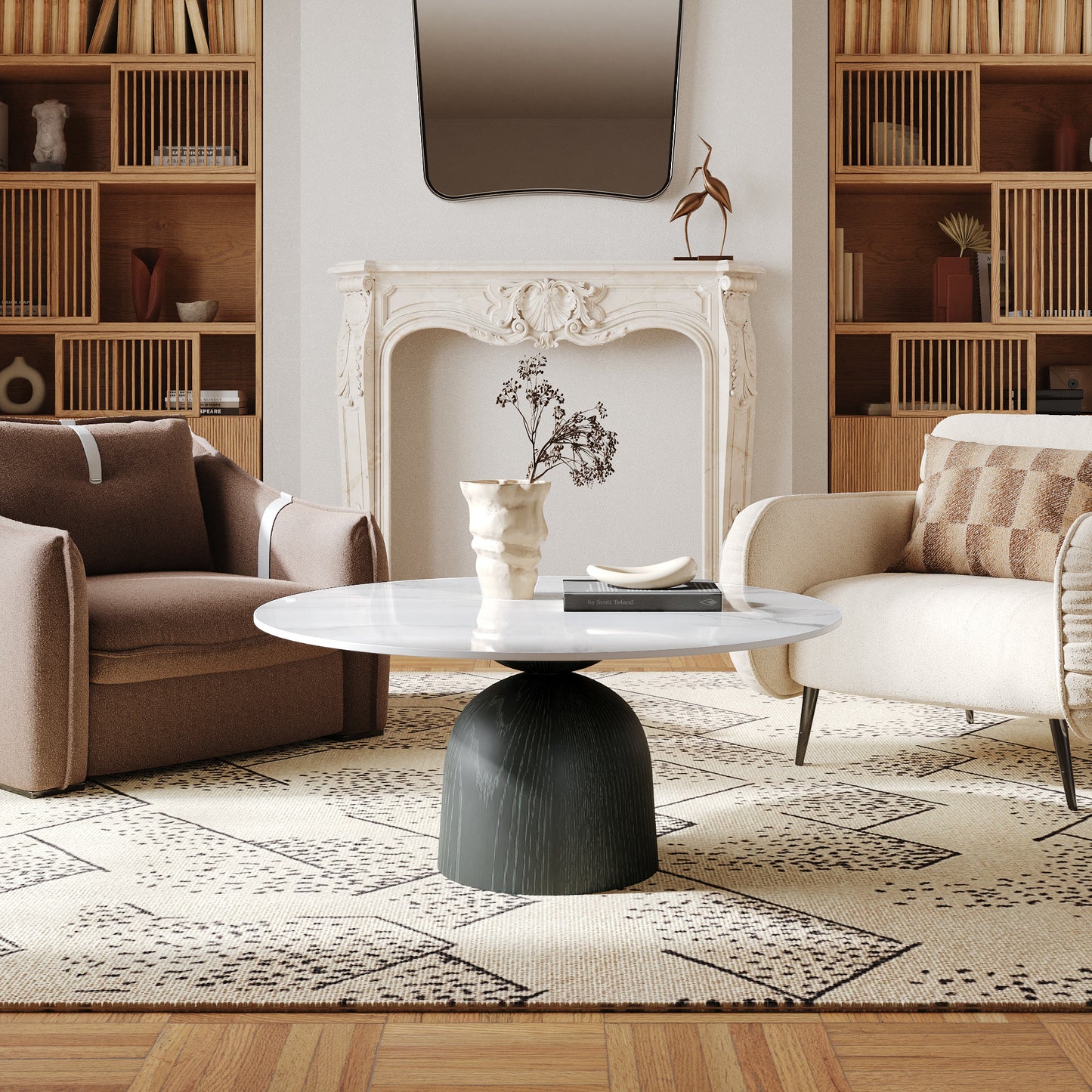 Ownkoti Farmhouse Round Coffee Table Solid Wood Side Table Living Room