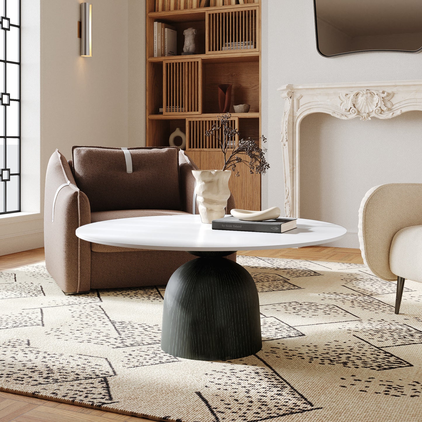 Ownkoti Farmhouse Round Coffee Table Solid Wood Side Table Living Room