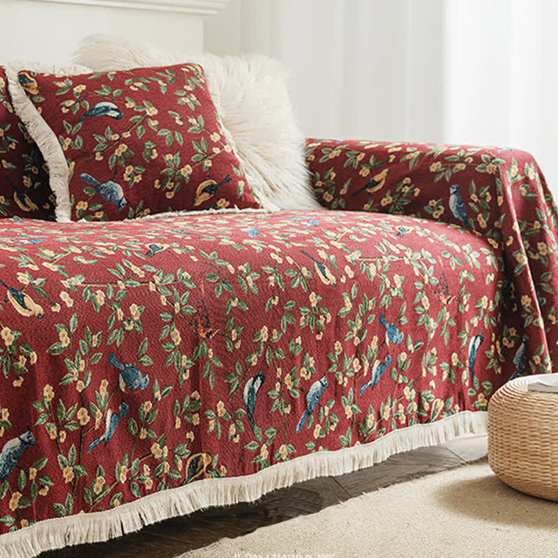 Ownkoti Tassel Floral Bird Soft Sofa Protector